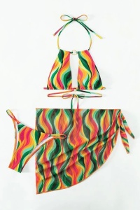 Costum de baie dama, 3 piese, model jungle colorat crossbody, cu fusta tip cover up multicolor - Img 3