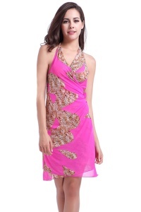 Costum de baie dama, 3 piese, roz accesorizat animal print, slip clasic, sutien reglabil si halat RO - Img 4