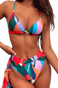 Costum de baie dama, multicolor, 3 piese, slip brazilian talie inalta, sutien cu push-up, bluza subtire cu maneci scurte - Img 2