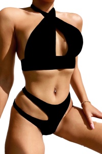 Costum de baie dama, negru, 2 piese, slip brazilian si sutien cu prindere in V