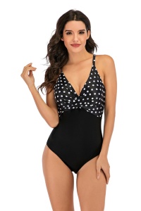 Costum de baie dama, o piesa, clasic cu croi chic, model cu buline negru