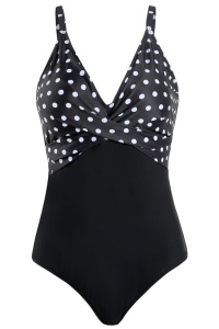 Costum de baie dama, o piesa, clasic cu croi chic, model cu buline negru - Img 4