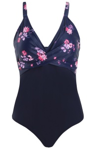 Costum de baie dama, o piesa, clasic cu croi chic, model floral albastru - Img 3