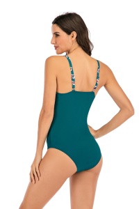 Costum de baie dama, o piesa, clasic cu croi chic, model floral, M3 verde - Img 2