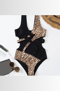 Costum de baie dama, o piesa, model animal print leopard negru cu maro - Img 4