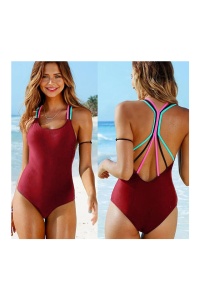 Costum de baie dama, o piesa, model clasic atragator cu bretele multiple si chilot decupaj normal, culori vii si intense, tematica all eyes on me visiniu - Img 3