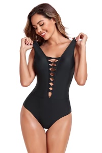 Costum de baie dama, o piesa, model clasic cu decolteu adanc in V tip corset, chilot decupaj clasic, tematica hot vibes negru