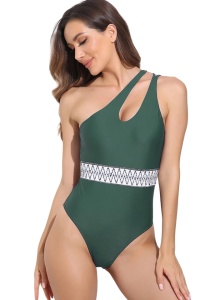 Costum de baie dama, o piesa, model clasic elegant, detaliu care accentueaza talia, tematica traditional summer verde