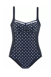 Costum de baie dama, o piesa, model clasic, imprimeu vesel si accesoriu la decolteu negru - Img 4