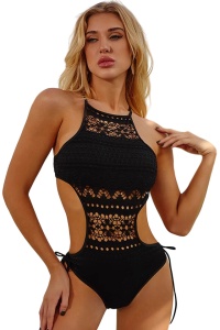 Costum de baie dama, o piesa, model de vara cu tesatura semitransparenta si taieturi provocatoare, prindere reglabila, chilot decupaj clasic croi ingust, tematica sexy and hot negru