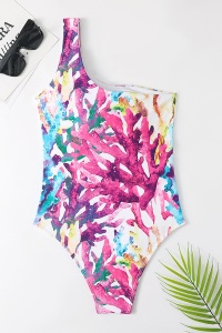 Costum de baie dama, o piesa, model happy summer wild splash, prindere fixa pe un umar roz - Img 2