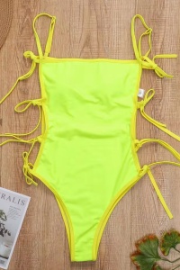 Costum de baie dama, o piesa, model indraznet cu prinderi multiple pe parti, reglabile, bretele subtiri si chilot decupaj clasic croi ingust, tematica sexy summer verde - Img 4