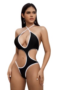 Costum de baie dama, o piesa, model provocator cu decupaje indraznete, prindere reglabila si chilot decupaj clasic croi ingust, tematica feeling sexy negru