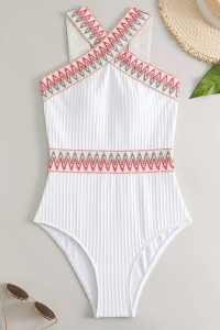 Costum de baie dama, o piesa, model royal, bretele in X la decolteu, detalii rustice, tematica I love summer alb - Img 3