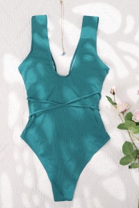 Costum de baie dama, o piesa, model sexy tropical green, cu decolteu adanc in V reglabil verde inchis - Img 2