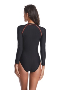 Costum de baie intreg, maneca lunga, model surf, inchidere cu fermoar, negru detalii portocalii - Img 2