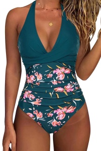 Costum de baie, o piesa, model clasic elegant, prindere dupa gat, decolteu adanc si spate gol, chilot decupaj clasic, tematica summer bloom verde