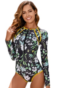 Costum de baie, o piesa, model cu maneca lunga, chilot decupaj clasic, imprimeu floral, tematica cool summer vibe negru cu verde