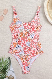 Costum de baie, o piesa, model delicat, prindere la spate metalica si chilot decupaj clasic, imprimeu floral, tematica romatic summer roz multicolor - Img 2