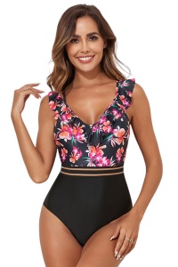 Costum de baie, o piesa, model elegant cu detaliu de subtiere a taliei, bretele cu volans si chilot decupaj clasic, tematica summer vibe negru cu rosu
