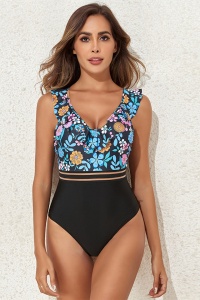 Costum de baie, o piesa, model elegant cu detaliu de subtiere a taliei, bretele cu volans si chilot decupaj clasic, tematica summer vibe negru cu albastru - Img 3