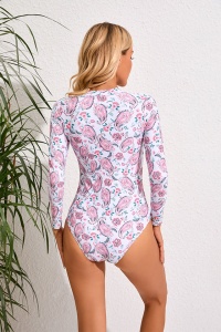 Costum de baie, o piesa, model elegant si comfy, maneci lungi si chilot decupaj clasic, tematica fantezie de culori alb cu roz - Img 2