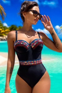 Costum de baie, o piesa, model special, aplicatii colorate, bretele reglabile, chilot decupaj clasic croi ingust, tematica elegant summer negru - Img 4