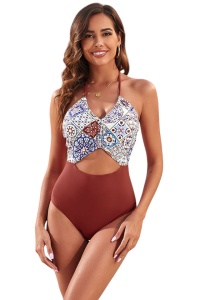 Costum de baie, o piesa, model vesel cu abdomen la vedere si spate gol, chilot decupaj clasic, tematica chill sunny day maro
