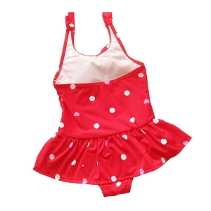 Costum de baie pentru fetite, accesorizat cu bentita elastica, prindere reglabila dupa gat, model body tip fustita, tematica buline vesele, rosu - Img 2