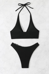 Costum de baie, set 2 piese, model chic cu inimioara, sutien tip bustiera si chilot decupaj clasic croi ingust, tematica summer love negru - Img 4