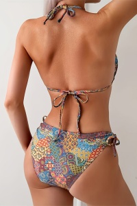 Costum de baie, set 2 piese, model clasic senzual, sutien cupe triunghiulare si chilot decupaj clasic reglabil, tematica happy summer days multicolor - Img 2