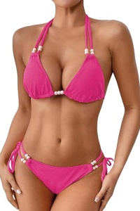 Costum de baie, set 2 piese, model jucaus, sutien cupe triunghiulare si chilot decupaj clasic croi ingust, accesorii delicate, tematica summer vibe roz - Img 4