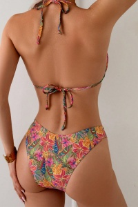 Costum de baie, set 2 piese, model minimalist, imprimeu floral, sutien cupe triunghiulare reglabil si chilot decupaj clasic croi ingust, tematica jungle flowers multicolor - Img 2