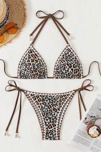Costum de baie, set 2 piese, model minimalist incitant, imprimeu animal print, sutien cupe triunghiulare si chilot decupaj clasic croi ingust, tematica wild and sexy maro - Img 4