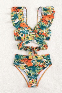 Costum de baie, set 2 piese, model vesel, imprimeu floral, sutien tip bustiera prindere crossbody si chilot talie inalta, tematica summer energy multicolor - Img 3