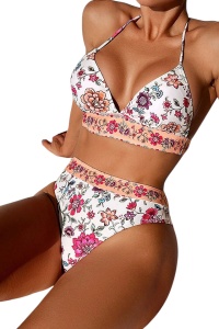 Costum de baie, set 2 piese, model vesel incitant, sutien cupe triunghiulare si chilot talie inalta coapsa dezgolita, tematica happy summer days bej multicolor