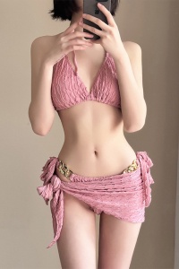 Costum de baie, set 3 piese, model delicat, sutien cupe triunghiulare, chilot si cover tip fustita, tematica stylish lady roz - Img 3