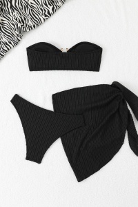 Costum de baie, set 3 piese, model senzual, sutien tip bustiera cu accesoriu la decolteu, chilot decupaj clasic si cover tip fusta asortata, tematica chill summer negru - Img 2