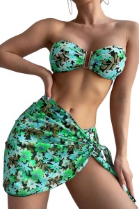 Costum de baie, set 3 piese, model vesel si versatil, sutien cu accesoriu, chilot decupaj clasic si cover tip fusta scurta, tematica summer vibe verde