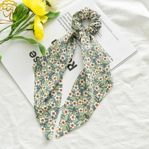 Elastic de par, accesorizat cu funda ponytail, model fantezie cu flori, imprimeu floral, verde - Img 2