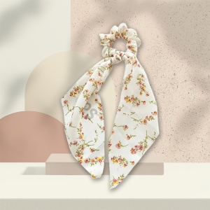 Elastic de par, accesorizat cu funda ponytail, model fantezie cu flori, imprimeu floral, alb - Img 3