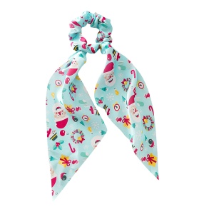 Elastic de par, model de sarbatoare cu prelungire tip ponytail, imprimeu vesel cu tematica de Craciun, albastru deschis