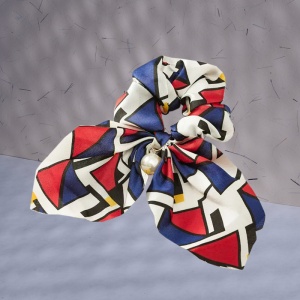 Elastic de par, model funda supradimensionata cu accesoriu perluta delicata, imprimeu abstract, albastru - Img 3
