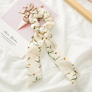 Elastic pentru par, model ponytail, imprimeu floral, crem - Img 2