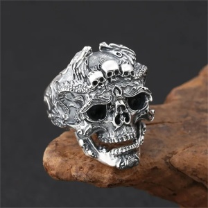 Inel gotic, model shaman demonic, tematica aztec demon evil god, marime universala, unisex, argintiu, - Img 2