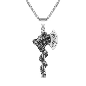 Lant axe master, cu pandantiv topor cu dragon, unisex, argintiu inchis,