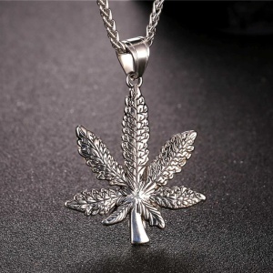 Lant barbati, model marijuana, pandantiv frunza, argintiu, - Img 2