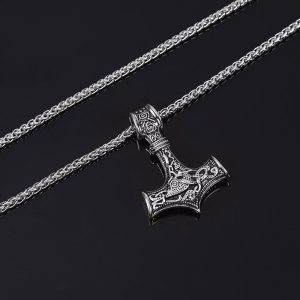 Lant cu bratara, set 2 piese, unisex, model viking, tematica nordic mythology, argintiu, - Img 3