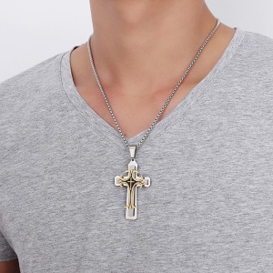 Lant cu pandantiv cruce argintie, negru cu auriu, unisex - Img 3