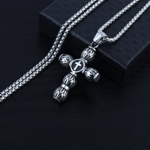 Lant cu pandantiv cruce, model holy cross, M1 forma cilindrica toteme, unisex, argintiu, - Img 2